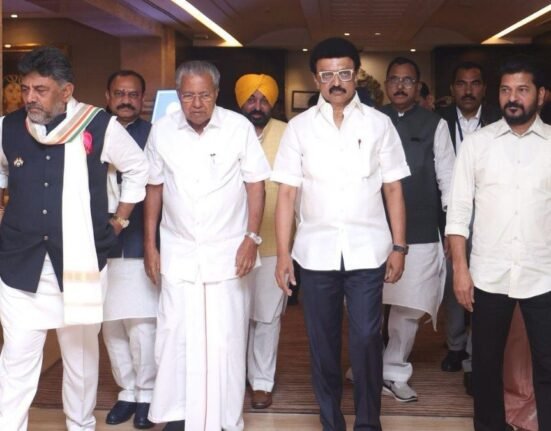 M. K. Stalin with D. K. Shivakumar, Pinarayi Vijayan, and Revanth Reddy