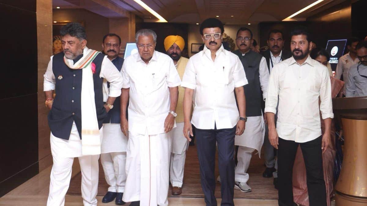 M. K. Stalin with D. K. Shivakumar, Pinarayi Vijayan, and Revanth Reddy