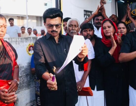 M. K. Stalin Burns Draft Copy in Protest Against Delimitation