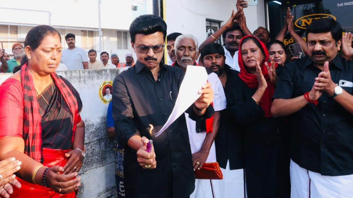 M. K. Stalin Burns Draft Copy in Protest Against Delimitation