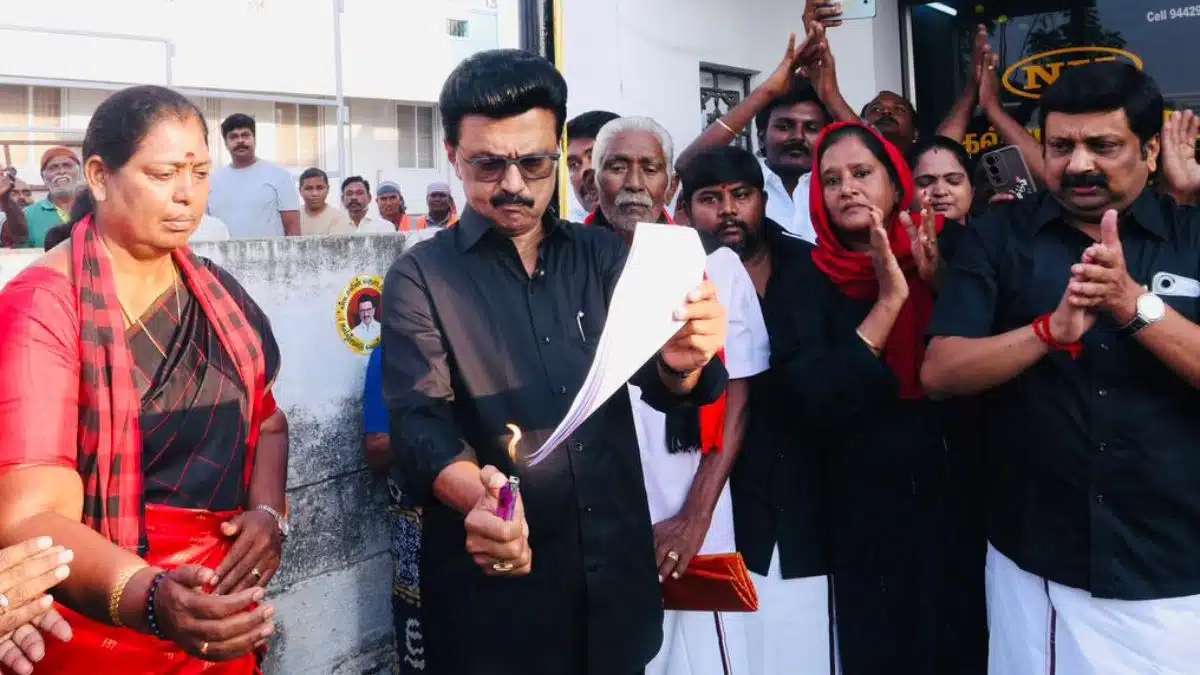M. K. Stalin Burns Draft Copy in Protest Against Delimitation